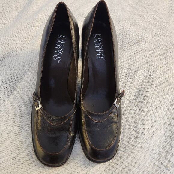 Franco Sarto Brown Brazil Distressed Mottled Leather Heels 8 M Buckle Academia - Picture 1 of 5